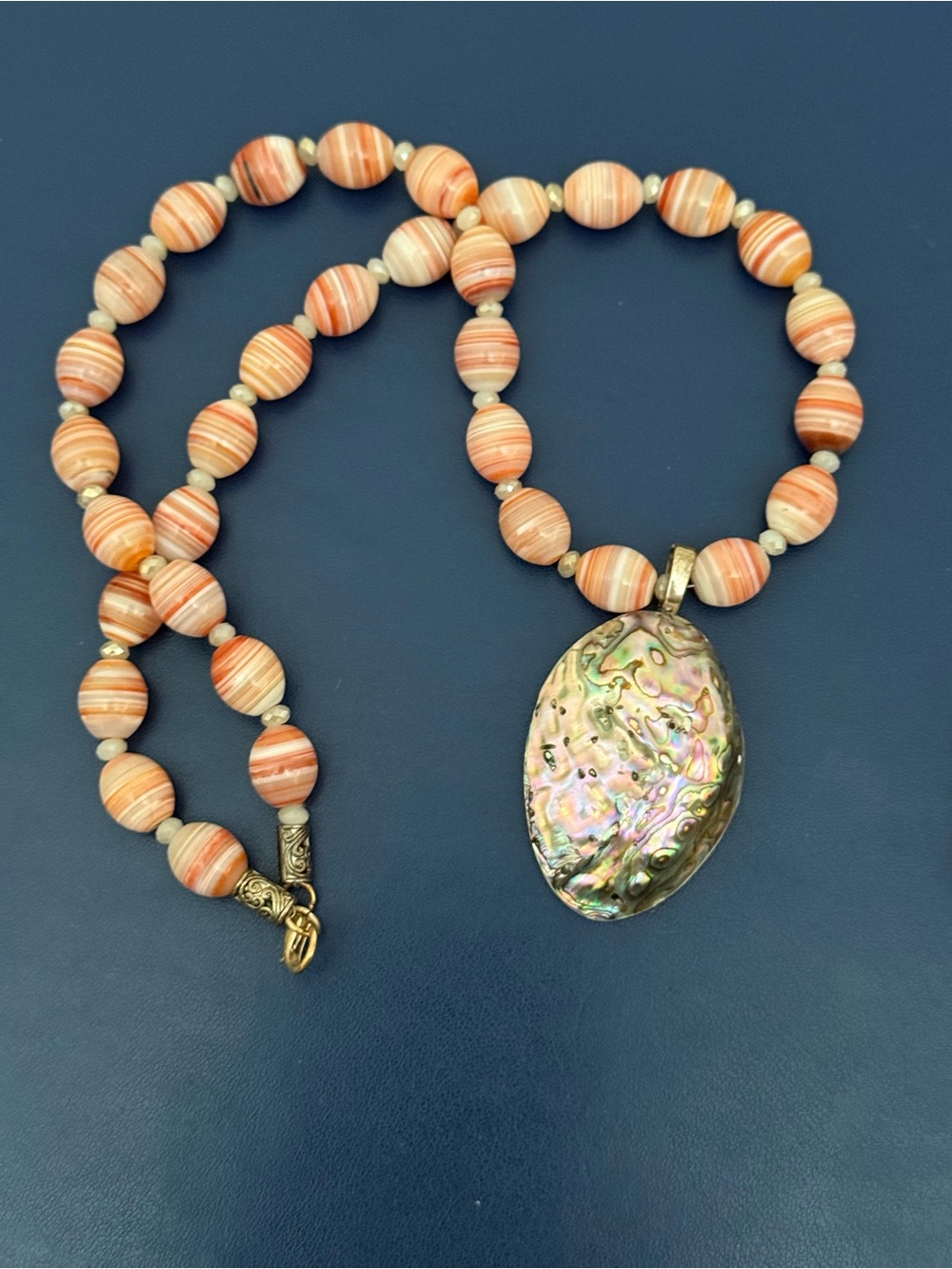 Handcrafted Abalone Pendant Necklace with Peach-Striped Beads